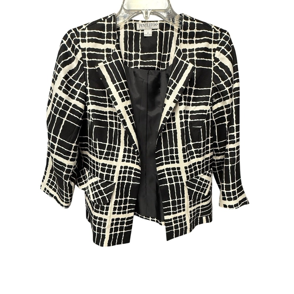 Pendleton Petite Silk Blazer Jacket Black White Grid Geometric 3/4 Sleeve Size 4